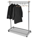 Alba Garment Racks, Two-Sided, 2-Shelf Coat Rack, 6 Hanger/6 Hook, 44.8w x 21.67d x 70.8h, Silver/Wood