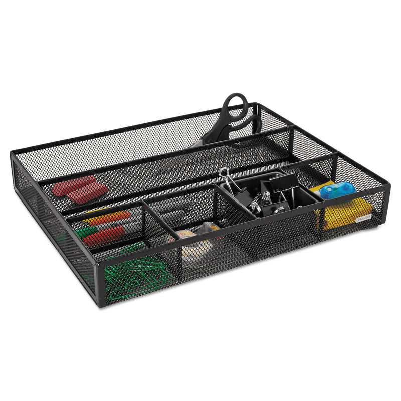 Rolodex Metal Mesh Deep Desk Drawer Organizer, Six Compartments, 15.25 x 11.88 x 2.5, Black