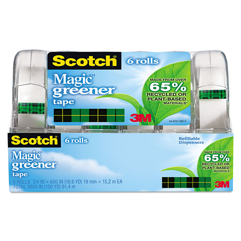 Scotch Magic Greener Tape with Dispenser, 1" Core, 0.75" x 50 ft, Clear, 6/Pack