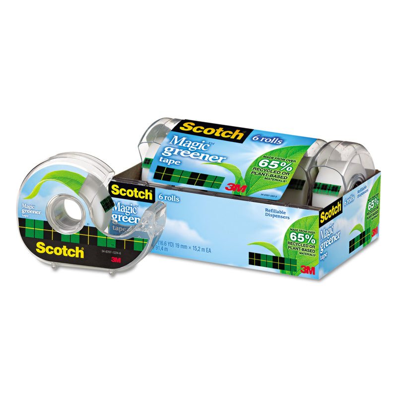 Scotch Magic Greener Tape with Dispenser, 1" Core, 0.75" x 50 ft, Clear, 6/Pack