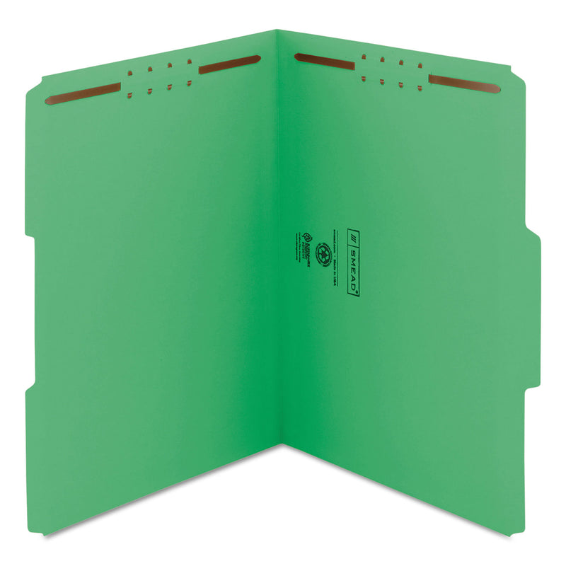 Smead WaterShed CutLess Reinforced Top Tab Fastener Folders, 2 Fasteners, Letter Size, Green Exterior, 50/Box