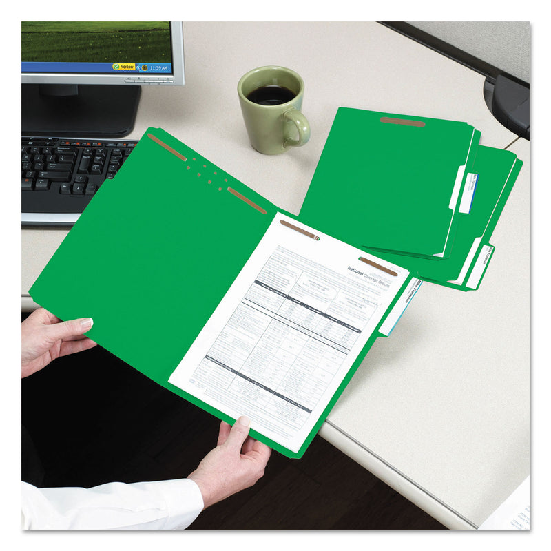 Smead WaterShed CutLess Reinforced Top Tab Fastener Folders, 2 Fasteners, Letter Size, Green Exterior, 50/Box