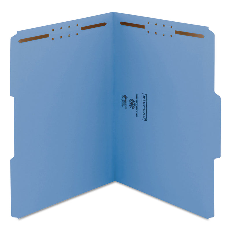 Smead WaterShed CutLess Reinforced Top Tab Fastener Folders, 2 Fasteners, Letter Size, Blue Exterior, 50/Box