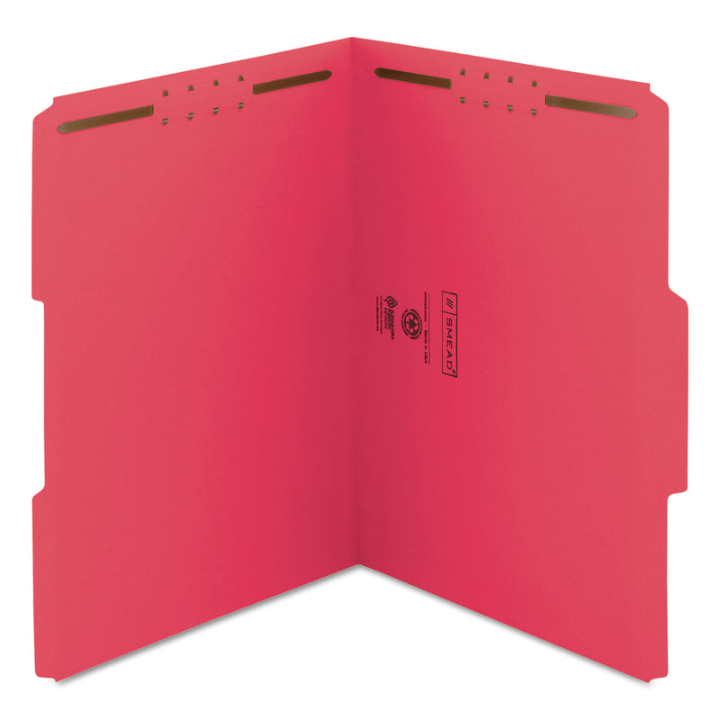 Smead WaterShed CutLess Reinforced Top Tab Fastener Folders, 2 Fasteners, Letter Size, Red Exterior, 50/Box