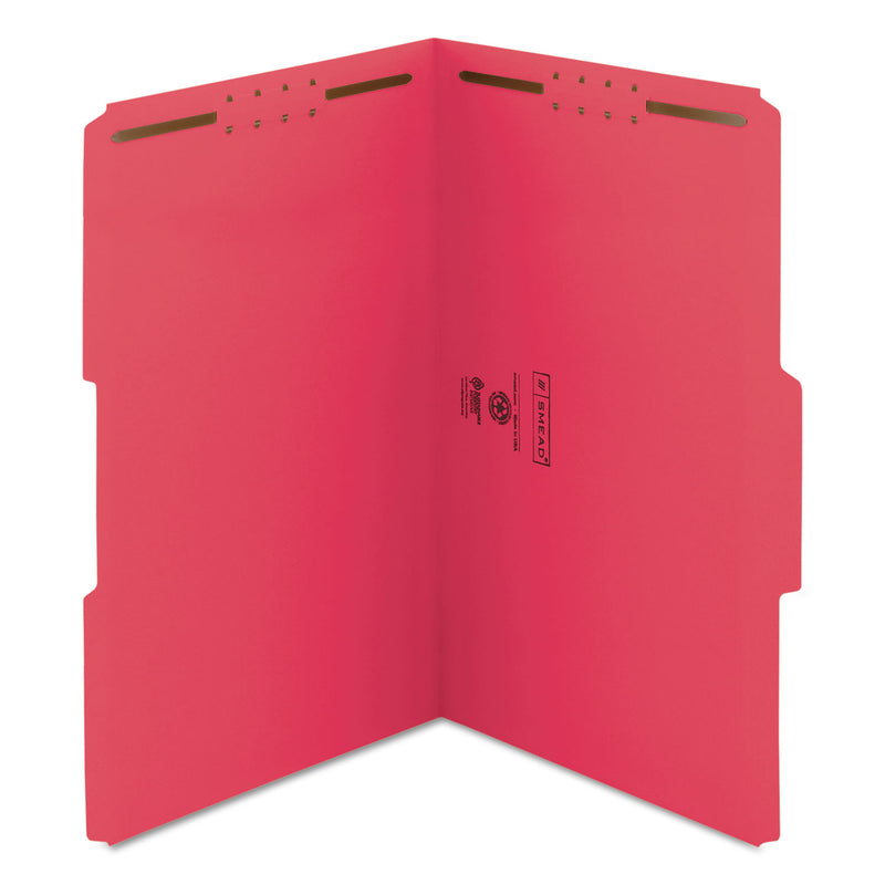 Smead Top Tab Colored Fastener Folders, 2 Fasteners, Legal Size, Red Exterior, 50/Box