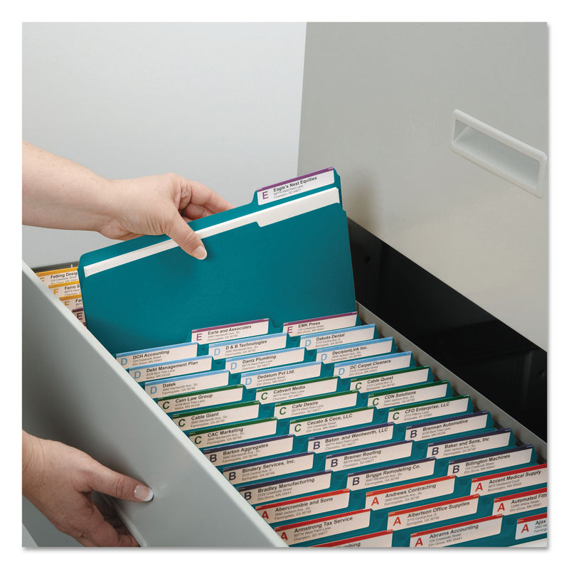 Smead Reinforced Top Tab Colored File Folders, 1/3-Cut Tabs: Assorted, Letter Size, 0.75" Expansion, Teal, 100/Box