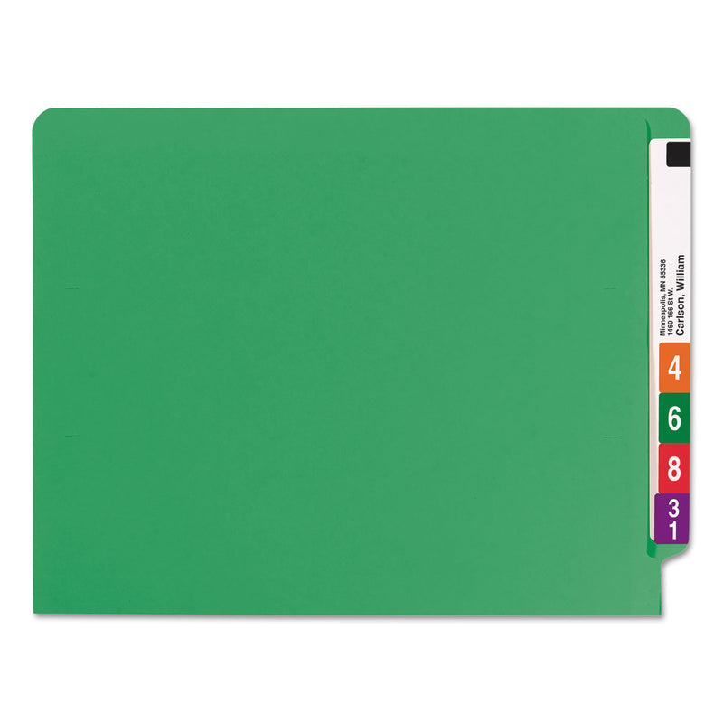 Smead WaterShed CutLess End Tab Fastener Folders, 2 Fasteners, Letter Size, Green Exterior, 50/Box