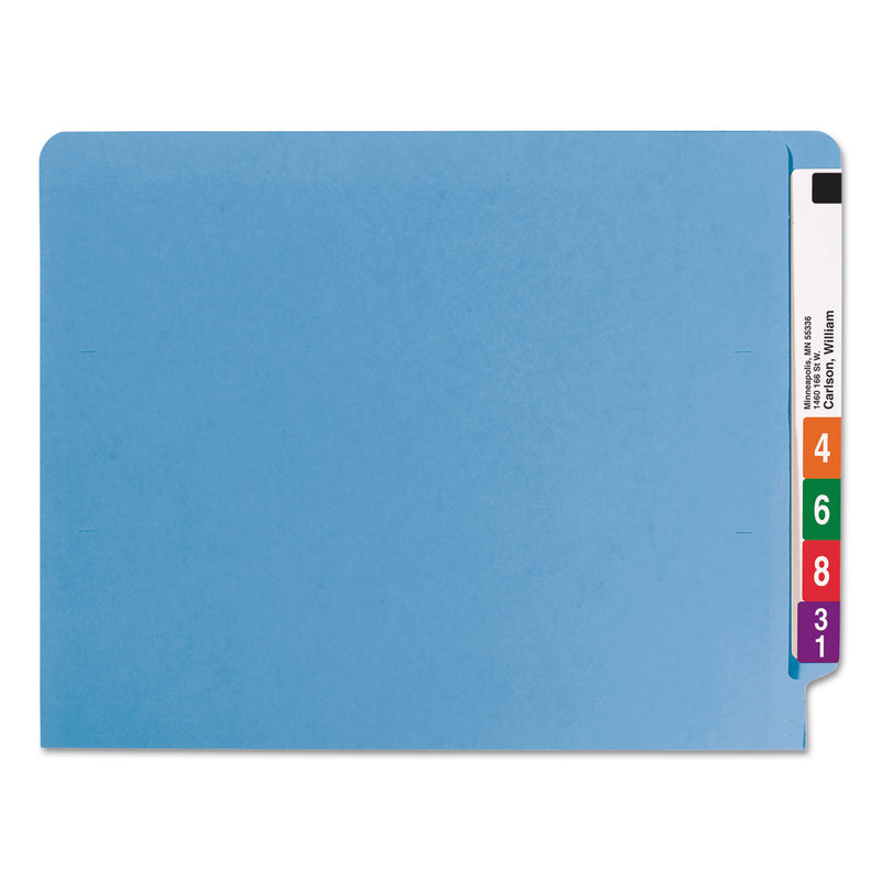 Smead WaterShed CutLess End Tab Fastener Folders, 2 Fasteners, Letter Size, Blue Exterior, 50/Box