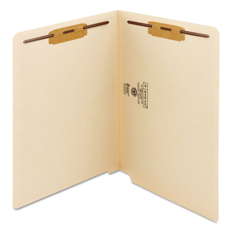 Smead WaterShed CutLess End Tab Fastener Folders, 2 Fasteners, Letter Size, Manila Exterior, 50/Box