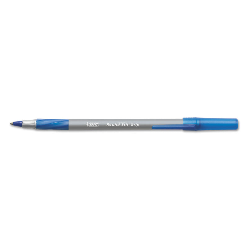 BIC Round Stic Grip Xtra Comfort Ballpoint Pen Value Pack, Easy-Glide, Stick, Medium 1.2 mm, Blue Ink, Gray/Blue Barrel, 36/Pack