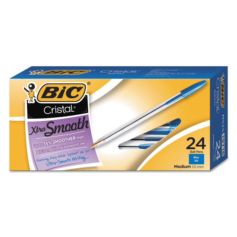 BIC Cristal Xtra Smooth Ballpoint Pen Value Pack, Stick, Medium 1 mm, Blue Ink, Clear Barrel, 24/Pack