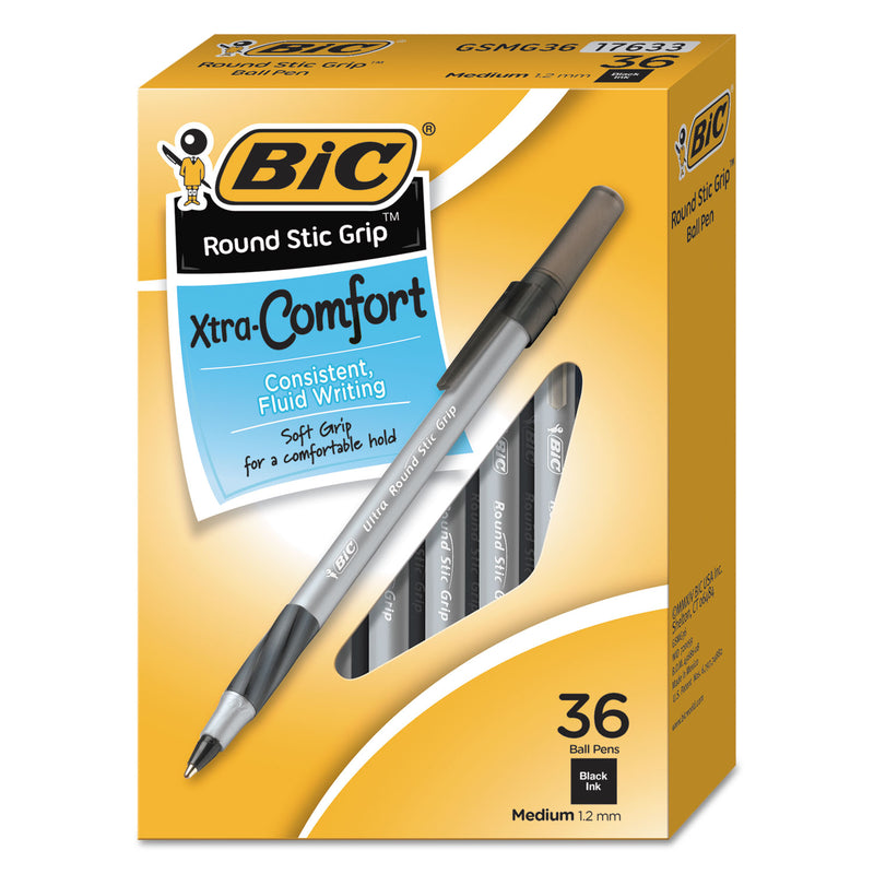 BIC Round Stic Grip Xtra Comfort Ballpoint Pen Value Pack, Easy-Glide, Stick, Medium 1.2 mm, Black Ink, Gray/Black Barrel, 36/PK