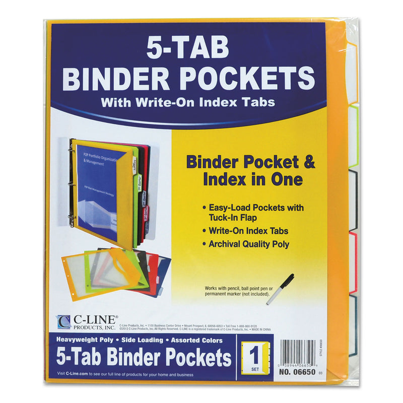 C-Line Binder Pocket With Write-On Index Tabs, 9.88 x 11.38, Assorted, 5/Set