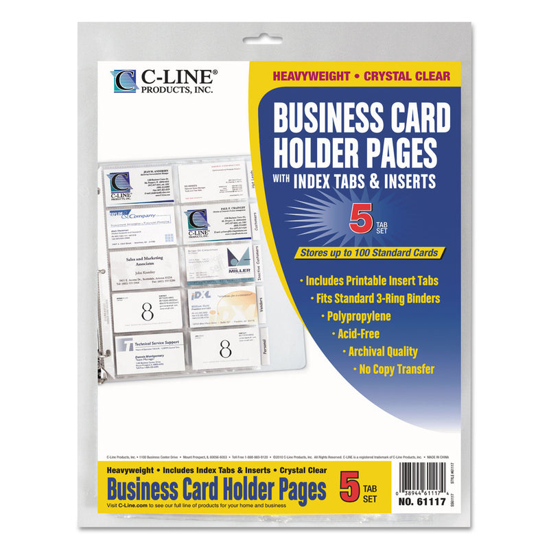 C-Line Tabbed Business Card Binder Pages, For 2 x 3.5 Cards, Clear, 20 Cards/Sheet, 5 Sheets/Pack
