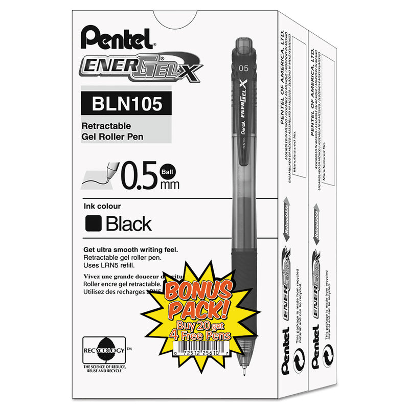 Pentel EnerGel-X Gel Pen, Retractable, Fine 0.5 mm Needle Tip, Black Ink, Black Barrel, 24/Pack