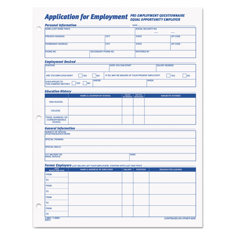 TOPS Employee Application Form, 8.38 x 11, 1/Page, 50 Forms/Pad, 2 Pads/Pack