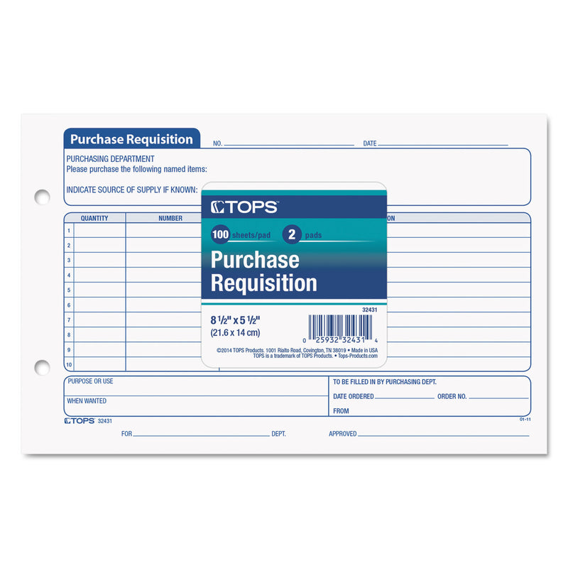TOPS Purchasing Requisition Pad, 5.5 x 8.5, 1/Page, 100 Forms/Pad, 2 Pads/Pack
