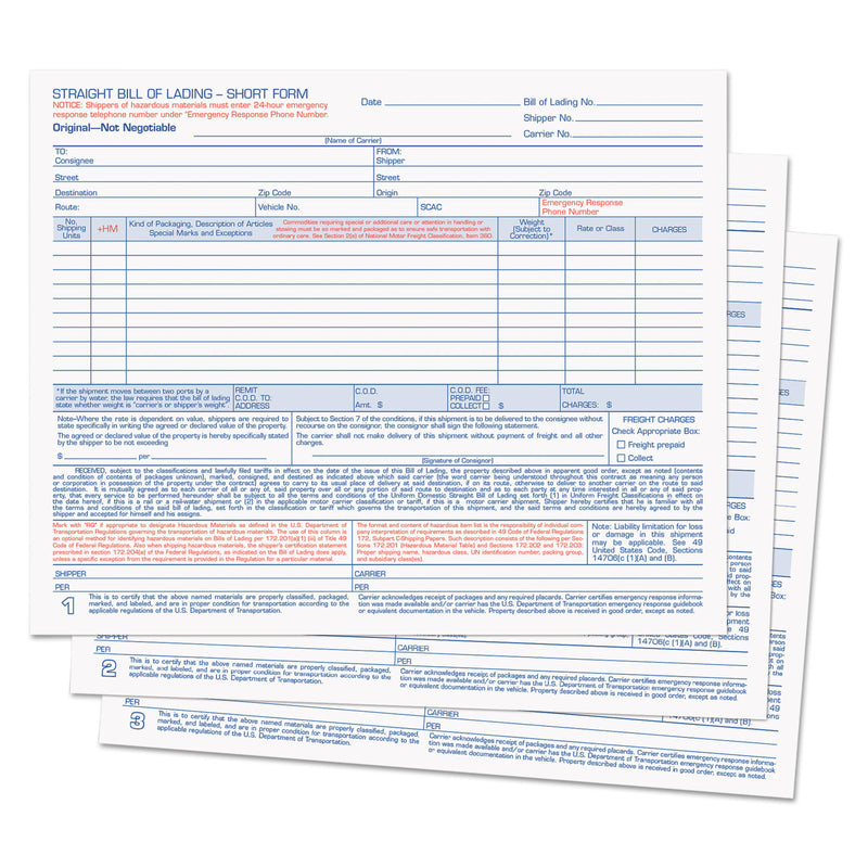 TOPS Hazardous Material Short Form, Three-Part Carbonless, 7 x 8.5, 1/Page, 50 Forms