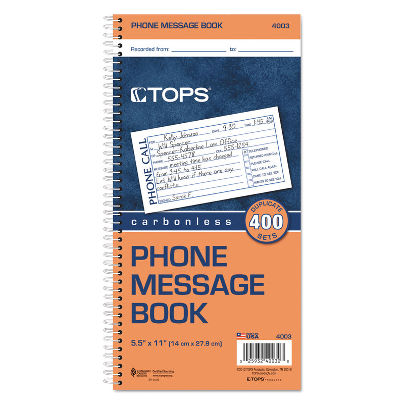 TOPS Spiralbound Message Book, Two-Part Carbonless, 2.75 x 5, 4/Page, 400 Forms