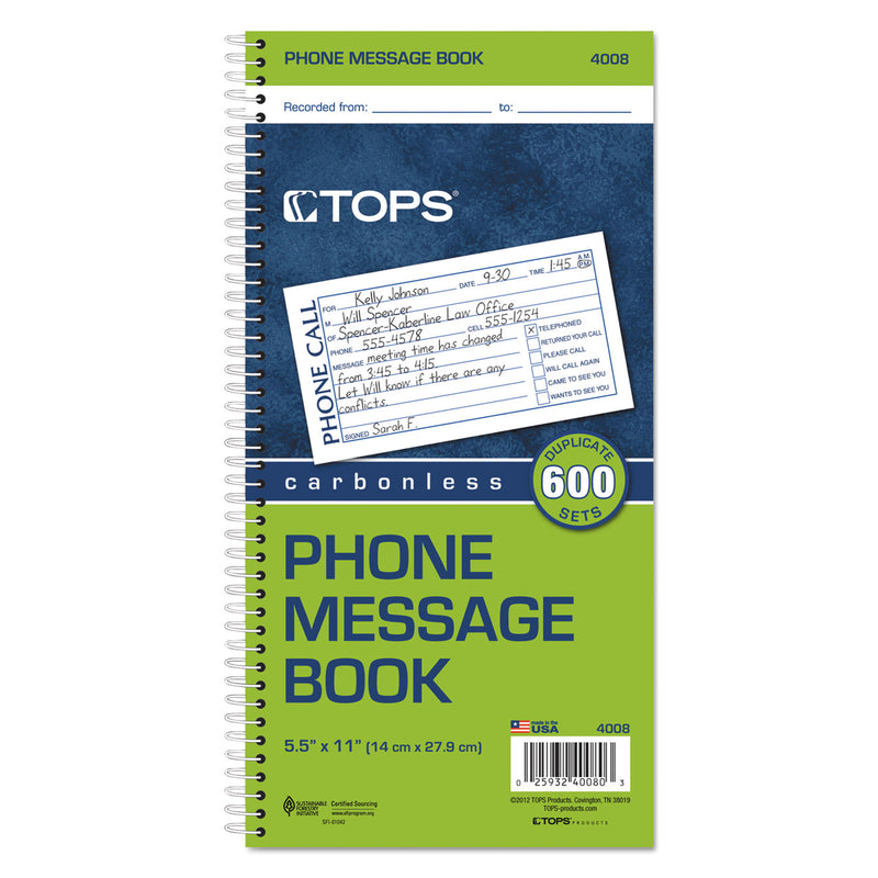 TOPS Spiralbound Message Book, Two-Part Carbonless, 2.75 x 5, 4/Page, 600 Forms