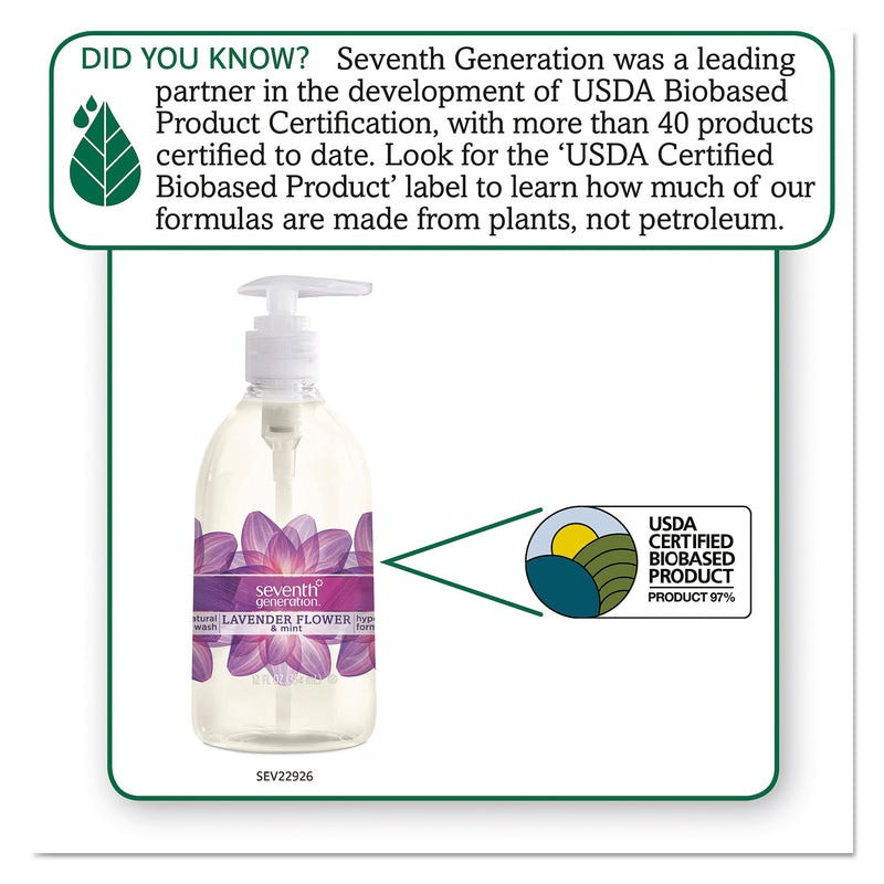 Seventh Generation Natural Hand Wash, Lavender Flower and Mint, 12 oz Pump Bottle, 8/Carton