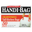 Handi-Bag Drawstring Kitchen Bags, 13 gal, 0.6 mil, 24" x 27.4", White, 50/Box, 6 Boxes/Carton