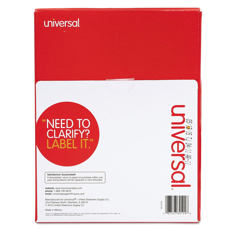 Universal White Labels, Inkjet/Laser Printers, 1 x 4, White, 20/Sheet, 100 Sheets/Box