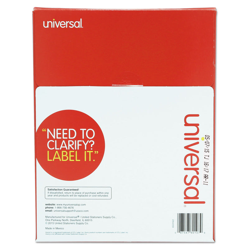 Universal White Labels, Inkjet/Laser Printers, 3.33 x 4, White, 6/Sheet, 100 Sheets/Box