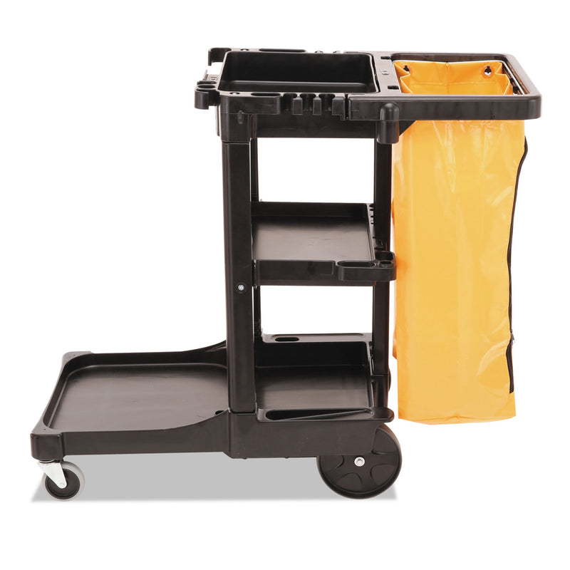Rubbermaid Multi-Shelf Cleaning Cart, Plastic, 4 Shelves, 1 Bin, 20" x 45" x 38.25", Black