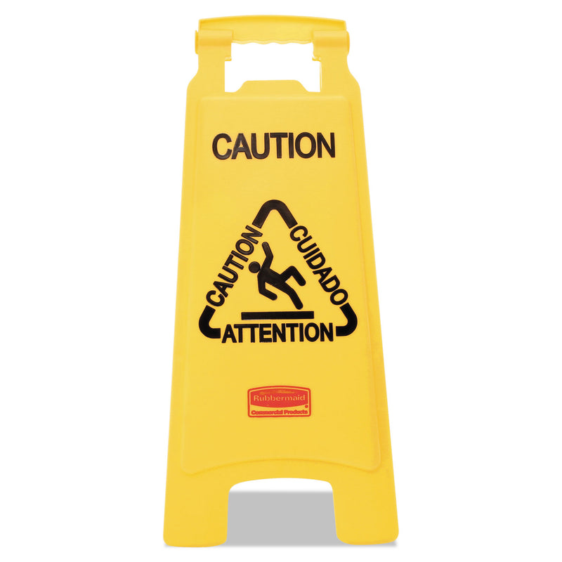 Rubbermaid Multilingual "Caution" Floor Sign,  11 x 12 x 25, Bright Yellow