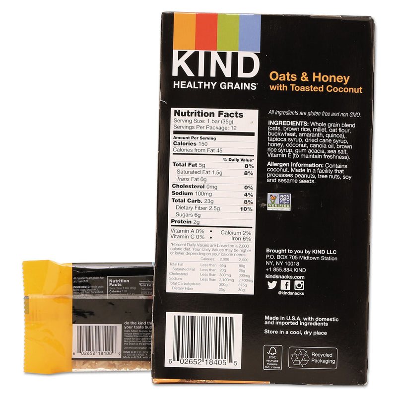 KIND Healthy Grains Bar, Oats and Honey with Toasted Coconut, 1.2 oz, 12/Box