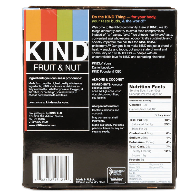 KIND Fruit and Nut Bars, Almond and Coconut, 1.4 oz, 12/Box