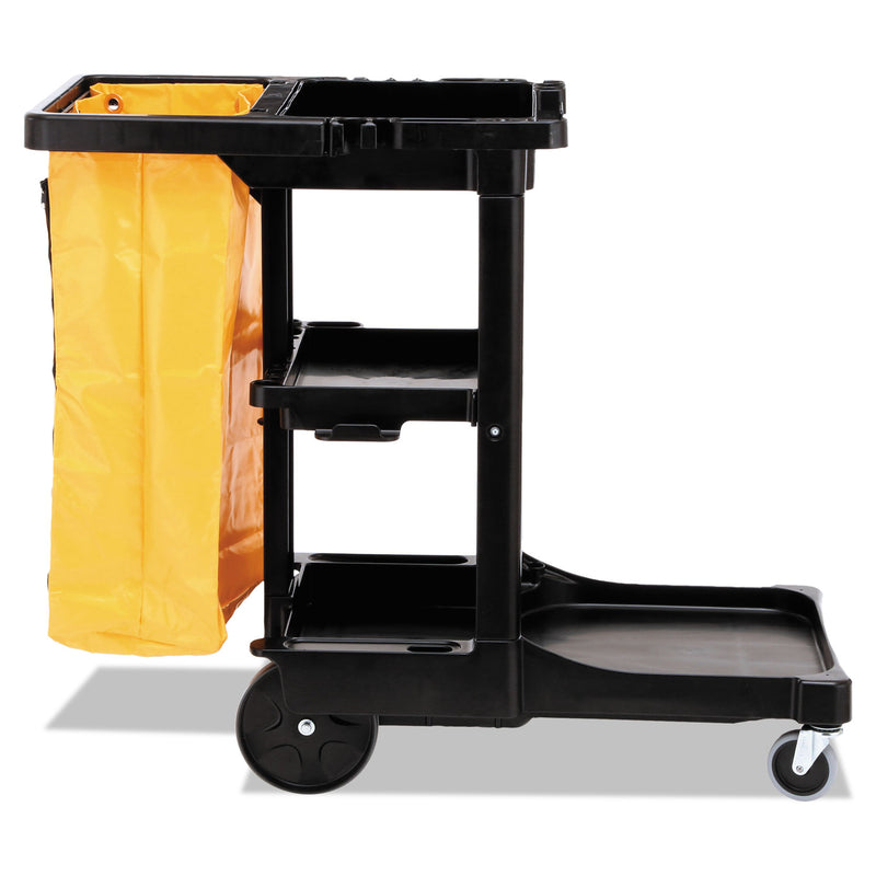 Rubbermaid Multi-Shelf Cleaning Cart, Plastic, 4 Shelves, 1 Bin, 20" x 45" x 38.25", Black