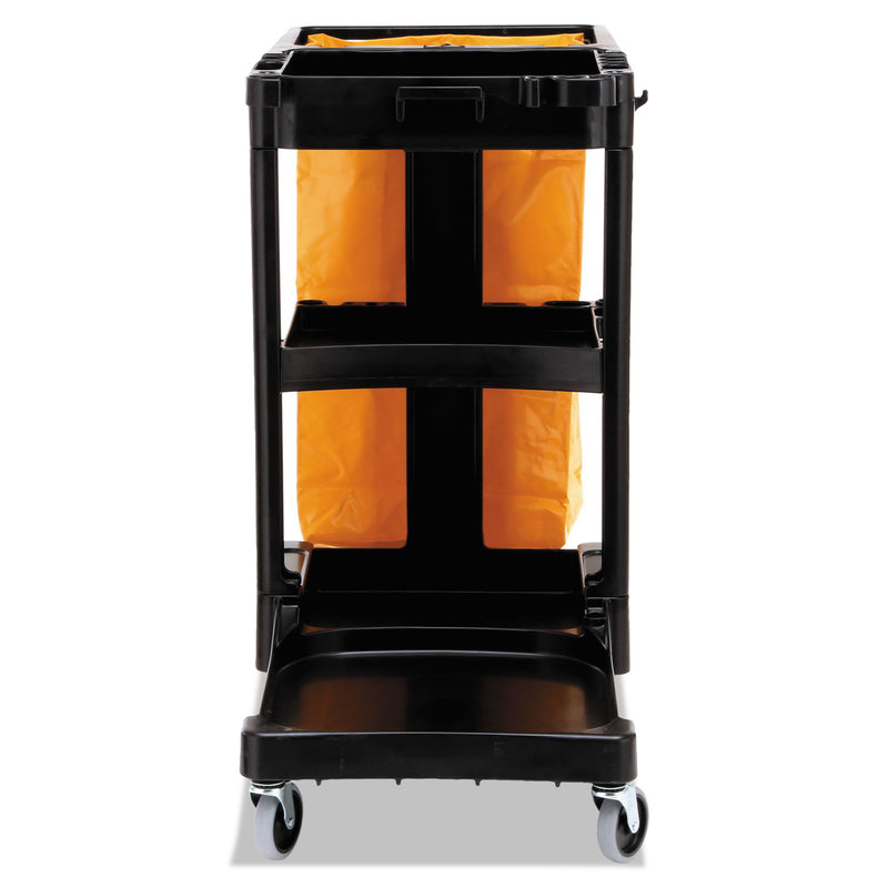 Rubbermaid Multi-Shelf Cleaning Cart, Plastic, 4 Shelves, 1 Bin, 20" x 45" x 38.25", Black