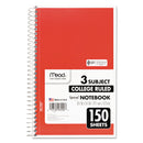 Mead Spiral Notebook, 3 Subject, Medium/College Rule, Randomly Assorted Covers, 9.5 x 5.5, 150 Sheets