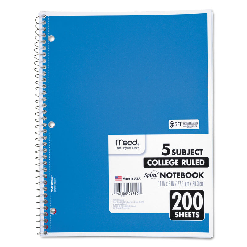 Mead Spiral Notebook, 5 Subject, Medium/College Rule, Randomly Assorted Covers, 11 x 8, 200 Sheets