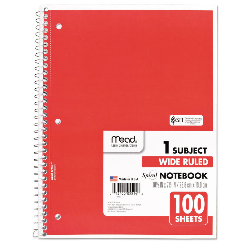 Mead Spiral Notebook, 3-Hole Punched, 1 Subject, Wide/Legal Rule, Randomly Assorted Covers, 10.5 x 7.5, 100 Sheets