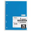 Mead Spiral Notebook, 3-Hole Punched, 1 Subject, Medium/College Rule, Randomly Assorted Covers, 10.5 x 7.5, 70 Sheets