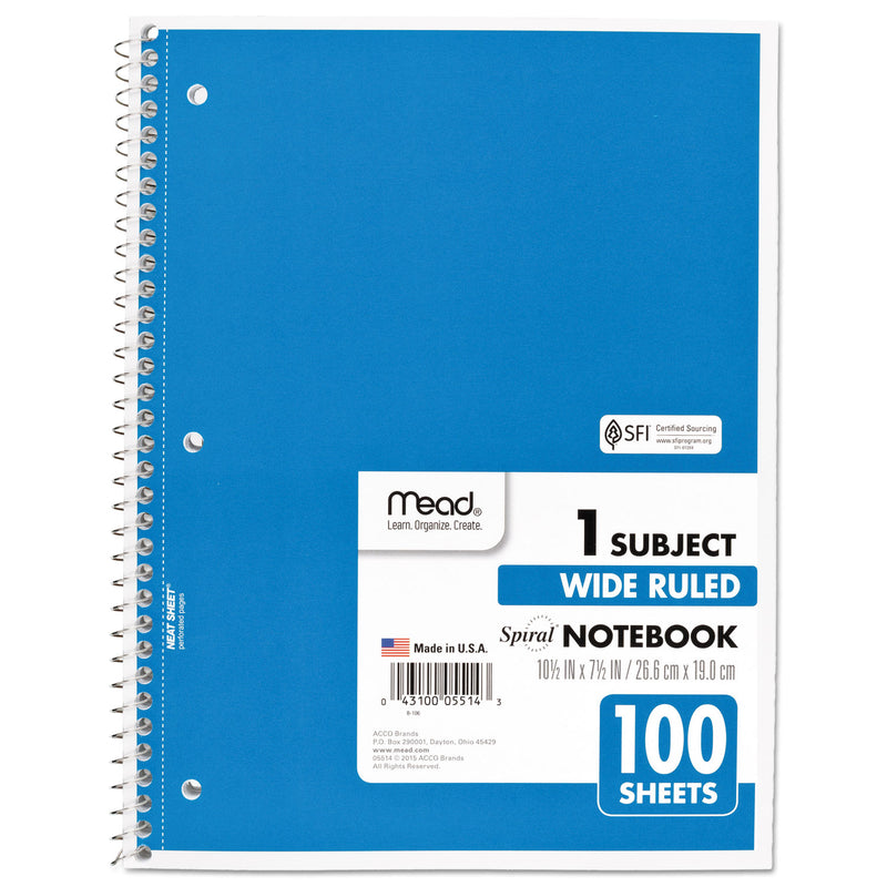 Mead Spiral Notebook, 3-Hole Punched, 1 Subject, Wide/Legal Rule, Randomly Assorted Covers, 10.5 x 7.5, 100 Sheets