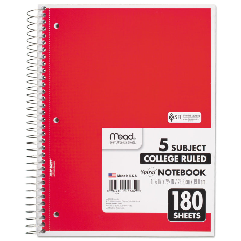 Mead Spiral Notebook, 5 Subject, Medium/College Rule, Randomly Assorted Covers, 10.5 x 8, 180 Sheets