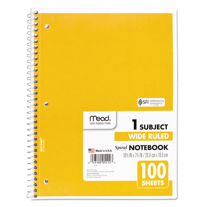 Mead Spiral Notebook, 3-Hole Punched, 1 Subject, Wide/Legal Rule, Randomly Assorted Covers, 10.5 x 7.5, 100 Sheets
