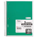 Mead Spiral Notebook, 5 Subject, Medium/College Rule, Randomly Assorted Covers, 10.5 x 8, 180 Sheets