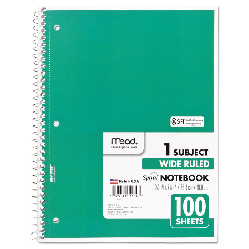 Mead Spiral Notebook, 3-Hole Punched, 1 Subject, Wide/Legal Rule, Randomly Assorted Covers, 10.5 x 7.5, 100 Sheets