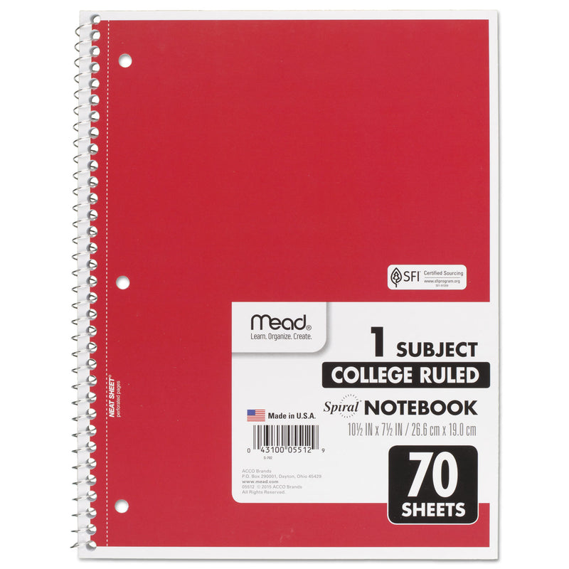 Mead Spiral Notebook, 3-Hole Punched, 1 Subject, Medium/College Rule, Randomly Assorted Covers, 10.5 x 7.5, 70 Sheets