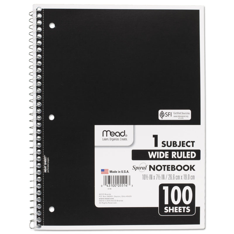Mead Spiral Notebook, 3-Hole Punched, 1 Subject, Wide/Legal Rule, Randomly Assorted Covers, 10.5 x 7.5, 100 Sheets