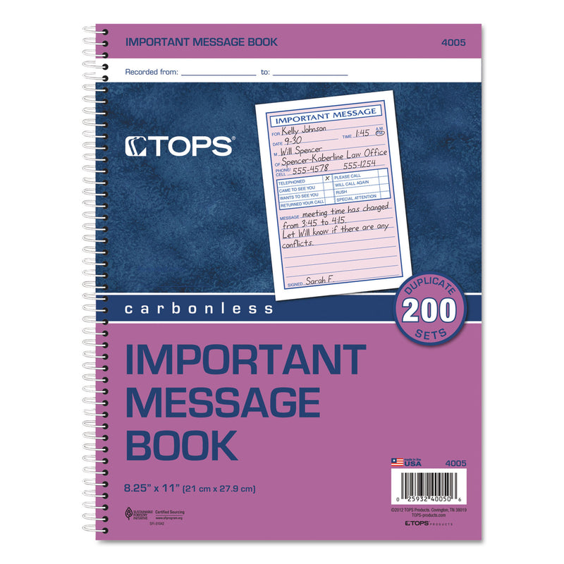 TOPS Telephone Message Book, Fax/Mobile Section, Two-Part Carbonless, 5.5 x 3.88, 4/Page, 200 Forms