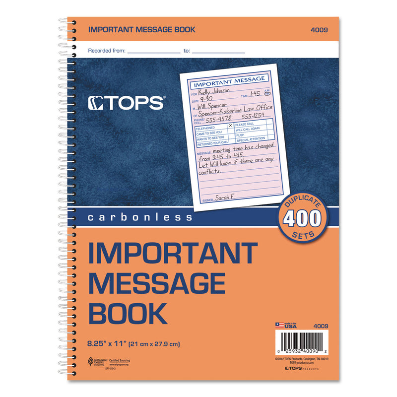 TOPS Telephone Message Book, Fax/Mobile Section, Two-Part Carbonless, 5.5 x 3.88, 4/Page, 400 Forms