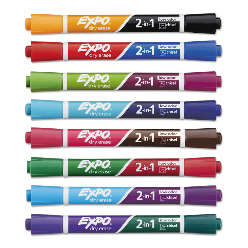EXPO 2-in-1 Dry Erase Markers, Fine/Broad Chisel Tips, Assorted Colors, 8/Pack