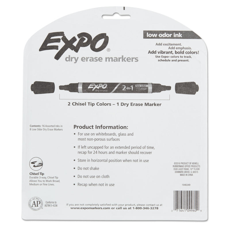 EXPO 2-in-1 Dry Erase Markers, Fine/Broad Chisel Tips, Assorted Colors, 8/Pack
