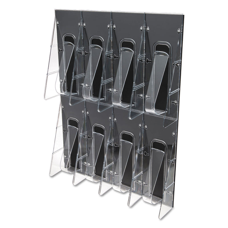 deflecto Stand-Tall 8-Bin Wall-Mount Literature Rack, Leaflet, 18.25w x 3.38d x 23.75h, Clear/Black